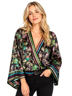 Y Apparel Brown Multicolor Floral Kimono Wrap Top